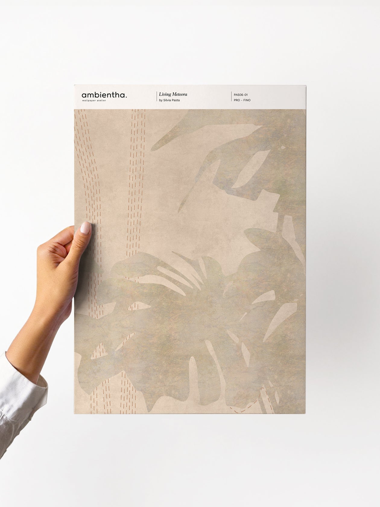 Campione della carta da parati Living Meteora in stile tropicale elegante, soft beige - Ambientha