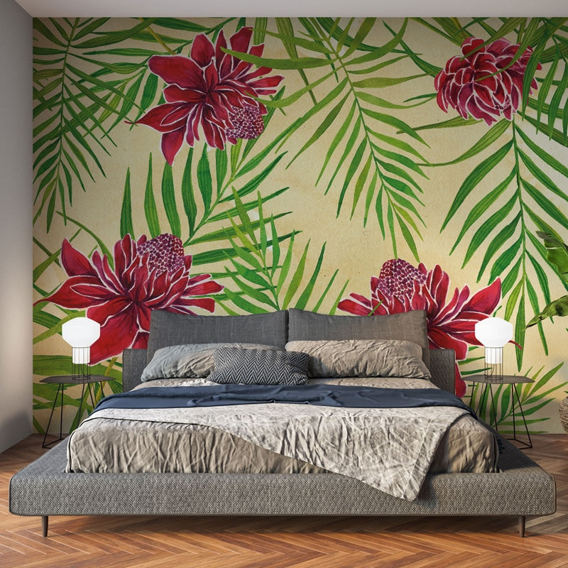 Non-woven wallpaper design Red Blooming to personalize your walls - interior scene